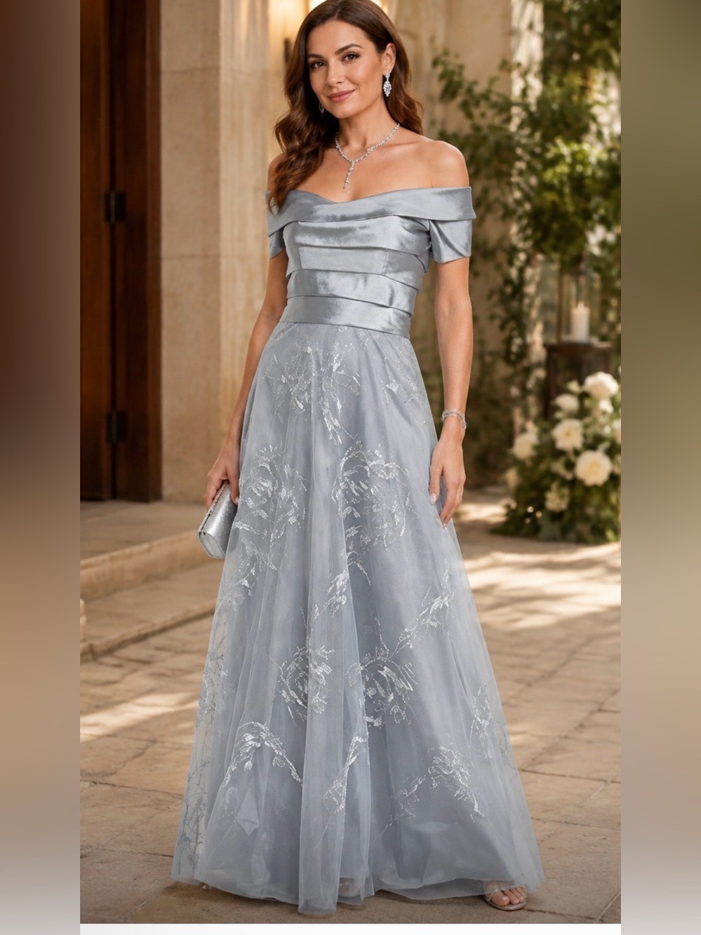 Rene Ruiz Off-Shoulder Silver Embroidered Evening Gown